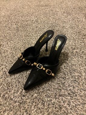 Black Pointed Toe Mule Heels with Gold Buckle Detail